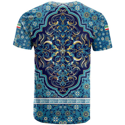 Iranian Mosaic Art Pattern T-Shirt with Persian Calligraphy and Flag Accents Graphic Tee