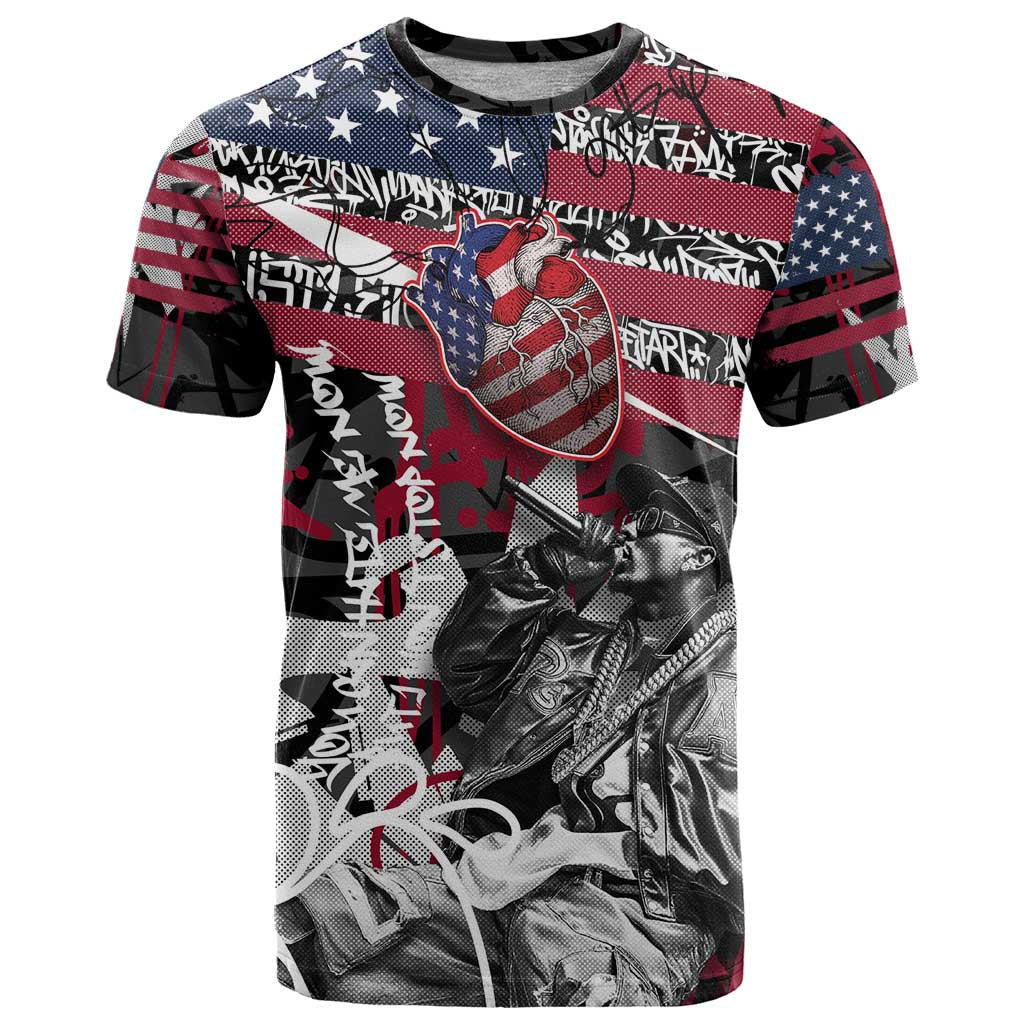 Hip Hop Graffiti T-Shirt with Rapper Portrait and American Flag Street Art Graphic Tee