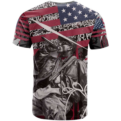 Hip Hop Graffiti T-Shirt with Rapper Portrait and American Flag Street Art Graphic Tee