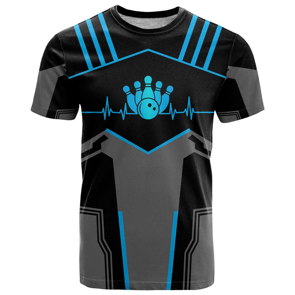 Custom Bowling Team T-Shirt with Blue Bowling Pin Heartbeat Graphic and Winged Emblem Graphic Tee