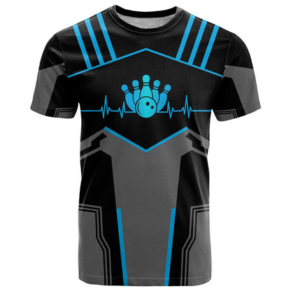 Custom Bowling Team T-Shirt with Blue Bowling Pin Heartbeat Graphic and Winged Emblem Graphic Tee