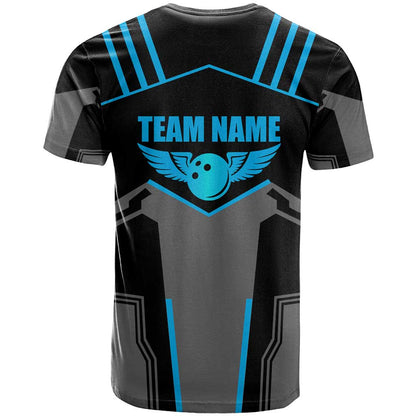 Custom Bowling Team T-Shirt with Blue Bowling Pin Heartbeat Graphic and Winged Emblem Graphic Tee