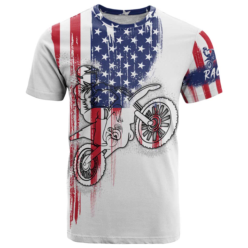 Motocross Rider Graphic Dirtbike Racing T-Shirt with Distressed American Flag and Custom Number Graphic Tee