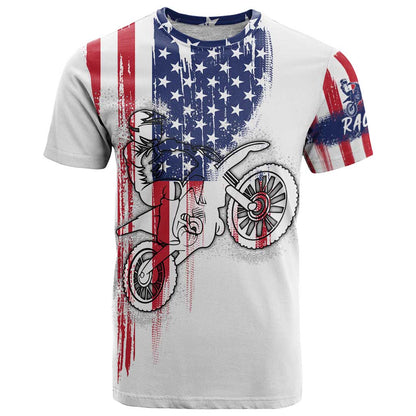 Motocross Rider Graphic Dirtbike Racing T-Shirt with Distressed American Flag and Custom Number Graphic Tee