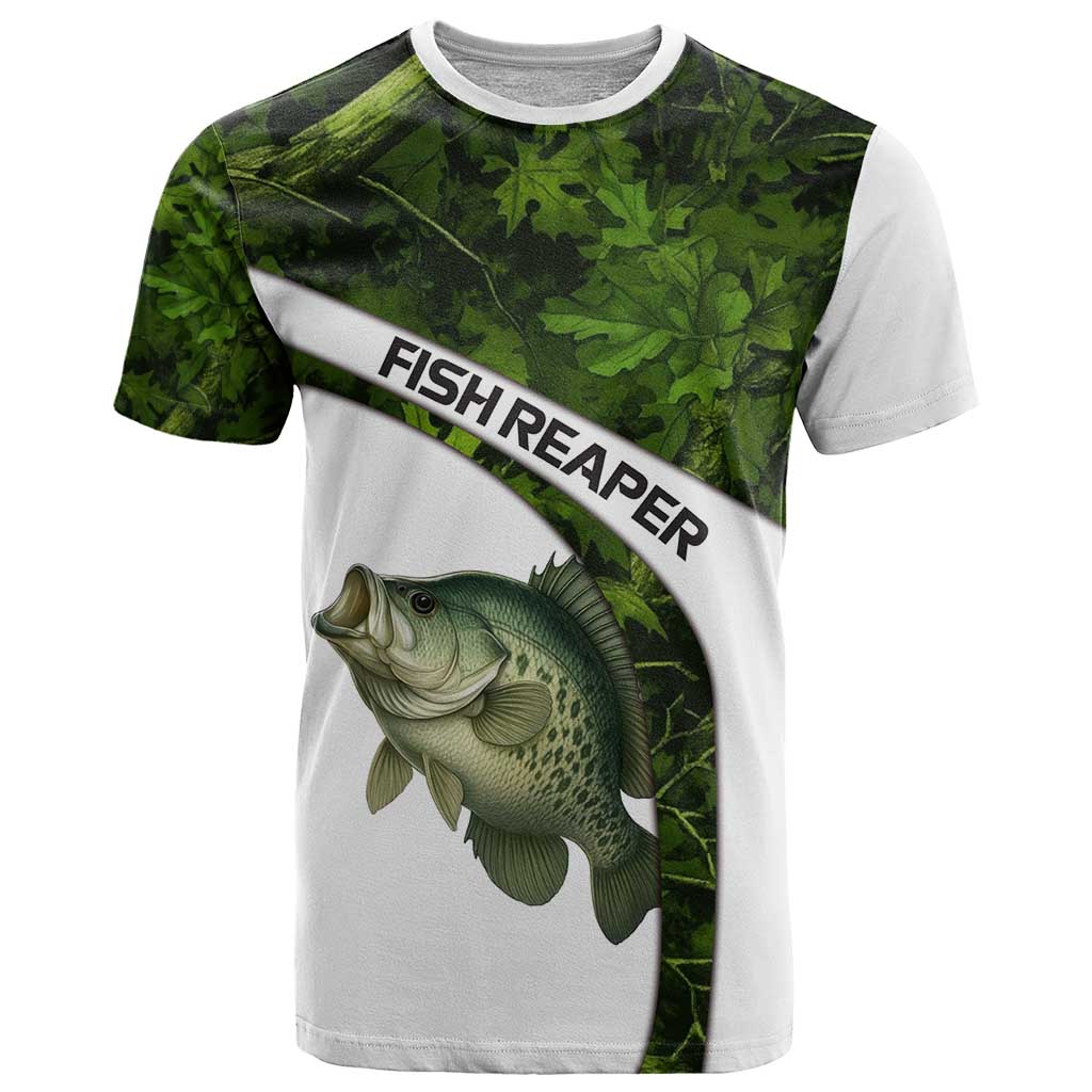 Crappie Fishing Green Camo T-Shirt with Leaf Camouflage and Custom Name Design Graphic Tee