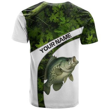 Crappie Fishing Green Camo T-Shirt with Leaf Camouflage and Custom Name Design Graphic Tee