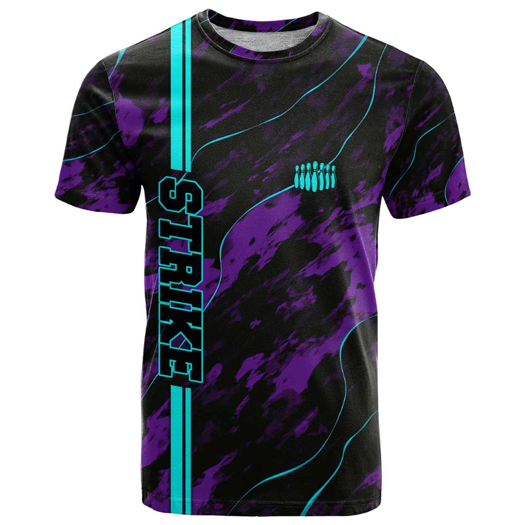 Strike Bowling Graphic T-Shirt with Purple Black Marble Texture and Custom Team Name Graphic Tee