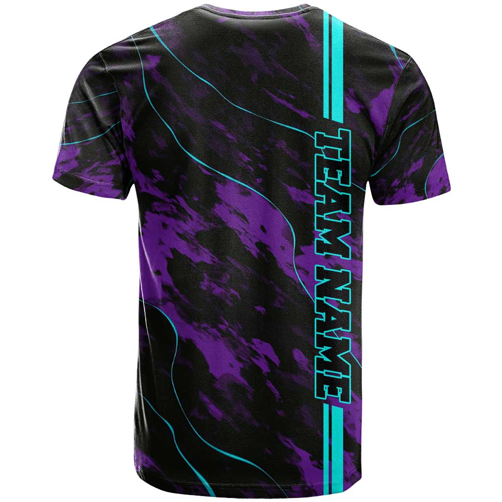 Strike Bowling Graphic T-Shirt with Purple Black Marble Texture and Custom Team Name Graphic Tee