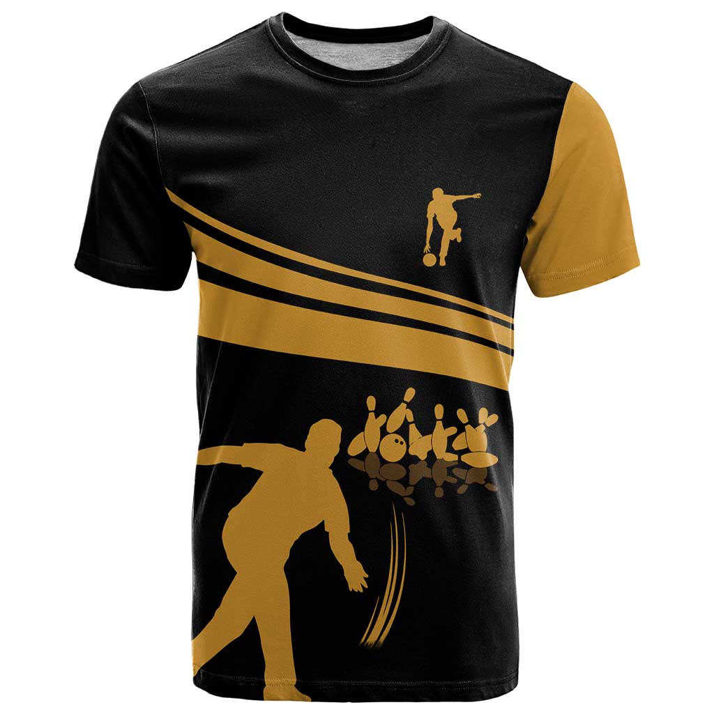 Bowling Player Silhouette T-Shirt with Gold Strike Motion and Custom Team Name Design Graphic Tee