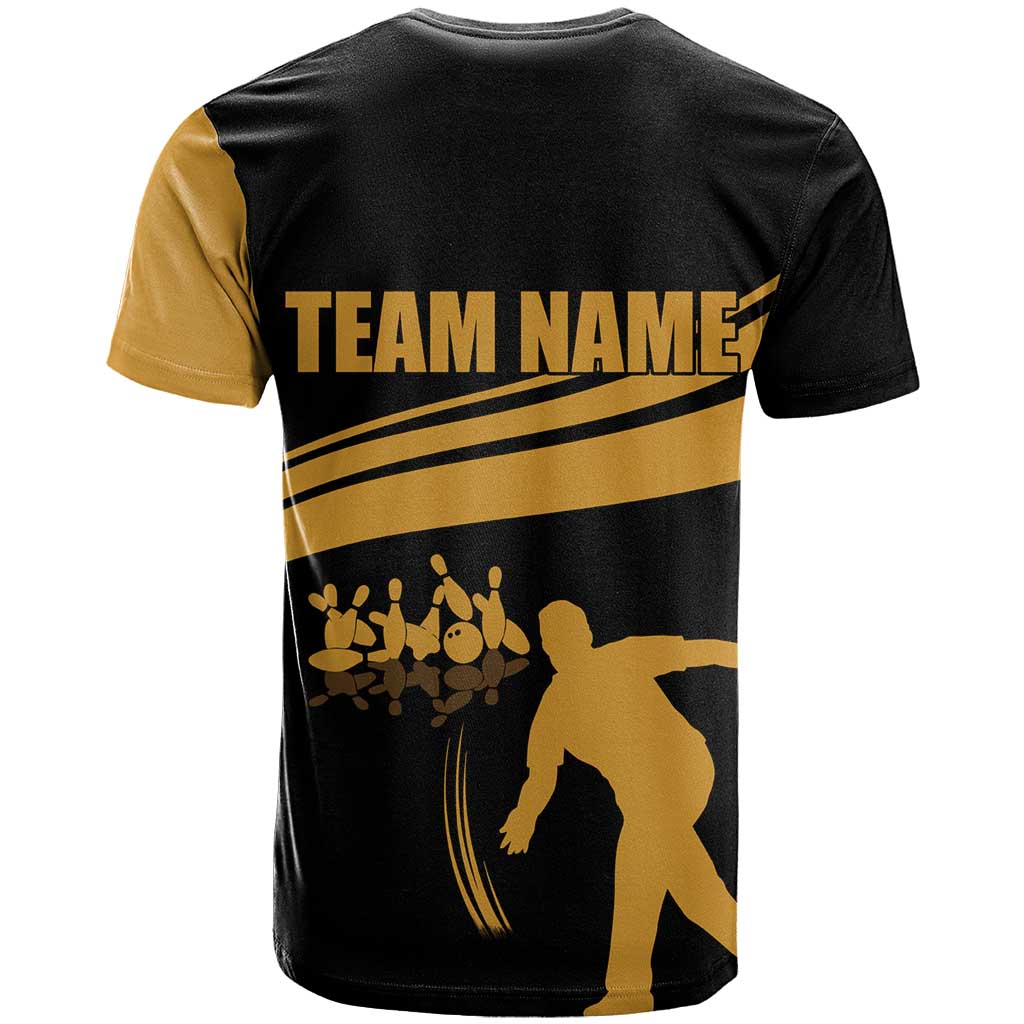 Bowling Player Silhouette T-Shirt with Gold Strike Motion and Custom Team Name Design Graphic Tee