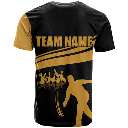 Bowling Player Silhouette T-Shirt with Gold Strike Motion and Custom Team Name Design Graphic Tee