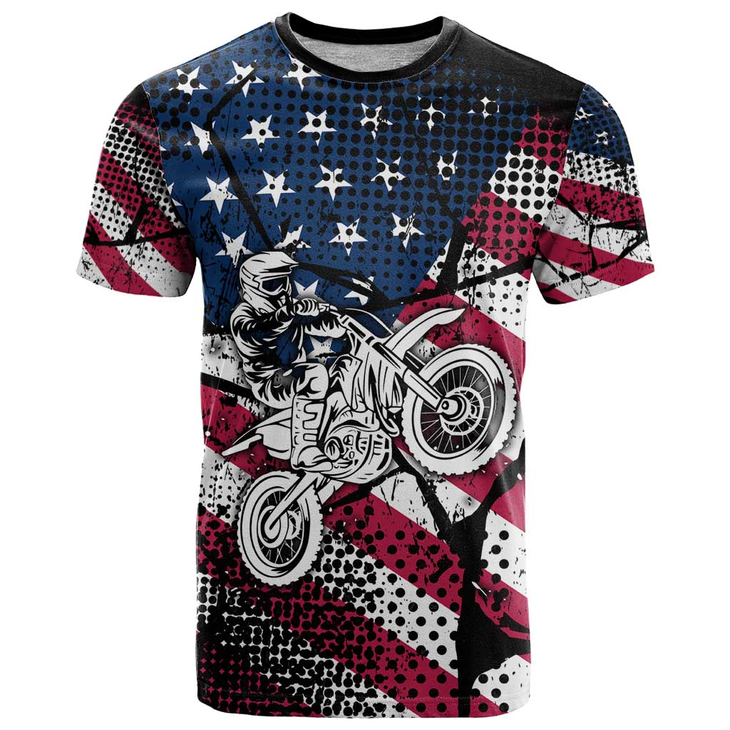 Motocross Rider T-Shirt with American Flag Grunge Pattern and Custom Name Number Graphic Tee