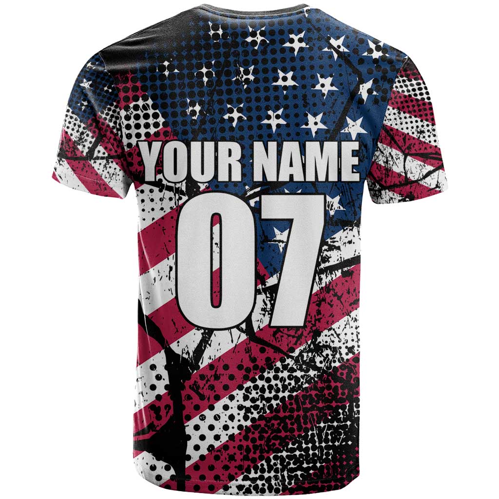 Motocross Rider T-Shirt with American Flag Grunge Pattern and Custom Name Number Graphic Tee
