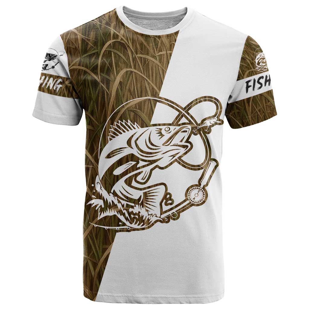 Walleye Fishing T-Shirt with Reeds Background and Custom Name Design Graphic Tee