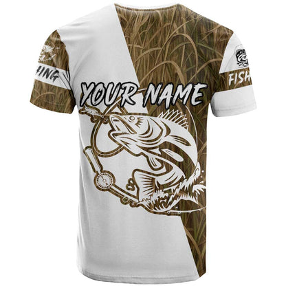 Walleye Fishing T-Shirt with Reeds Background and Custom Name Design Graphic Tee