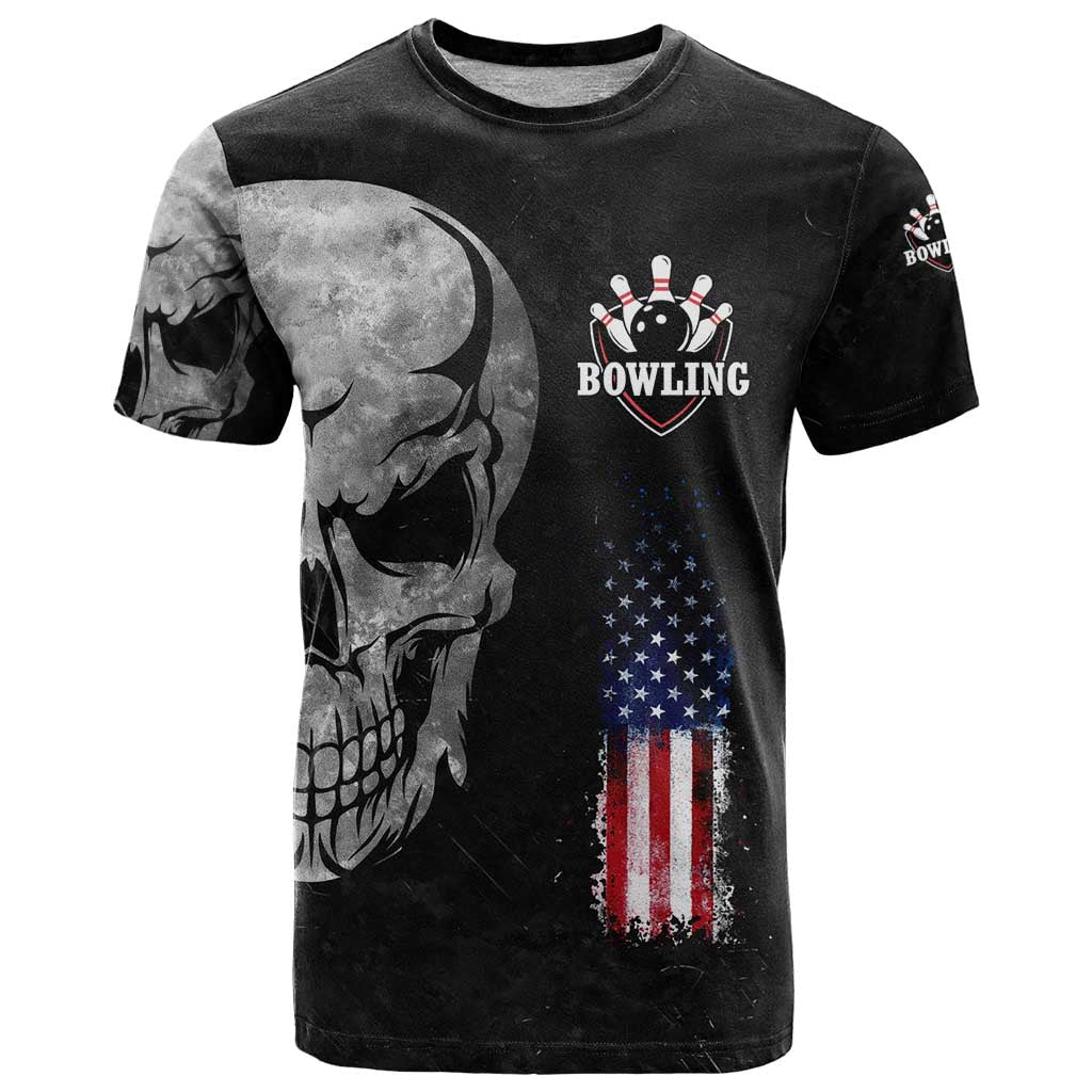 Bowling Skull T-Shirt with American Flag and Custom Name Text Design Graphic Tee