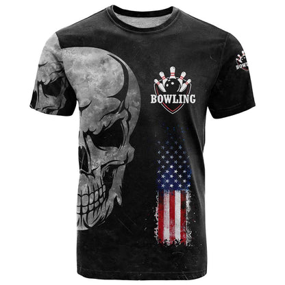 Bowling Skull T-Shirt with American Flag and Custom Name Text Design Graphic Tee