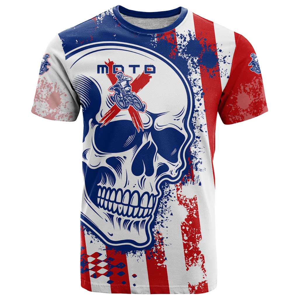 Moto X Skull Graphic T-Shirt with Red White Blue Splatter and Custom Number Design Graphic Tee