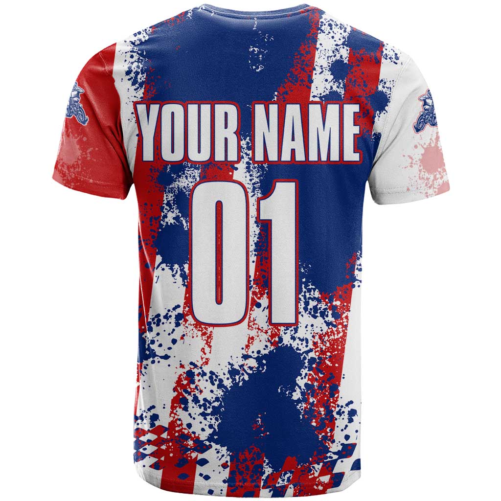 Moto X Skull Graphic T-Shirt with Red White Blue Splatter and Custom Number Design Graphic Tee