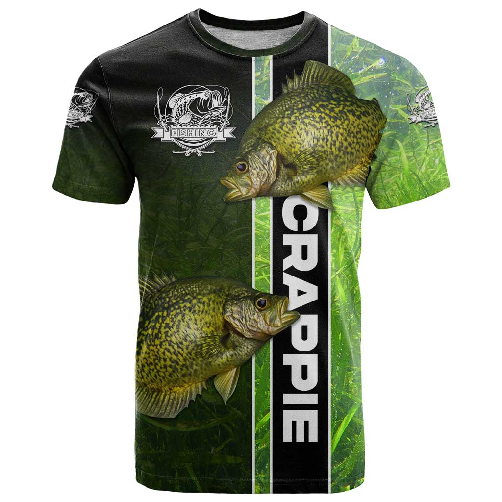 Crappie Fish Green Underwater Graphic T-Shirt with Custom Name and Fishing Logo Design Graphic Tee