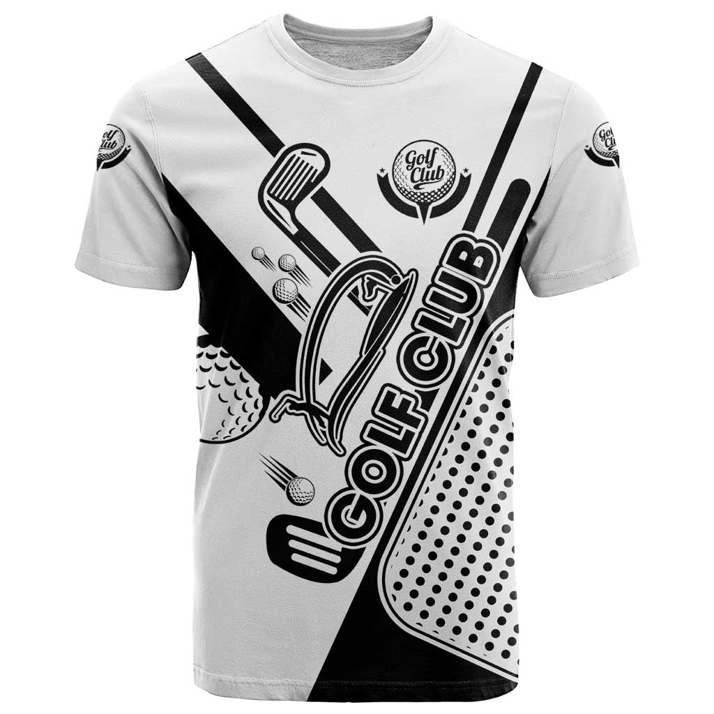 Golf Club Monochrome Design T-Shirt with Golf Ball and Club Graphic and Custom Name Print Graphic Tee