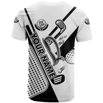 Golf Club Monochrome Design T-Shirt with Golf Ball and Club Graphic and Custom Name Print Graphic Tee