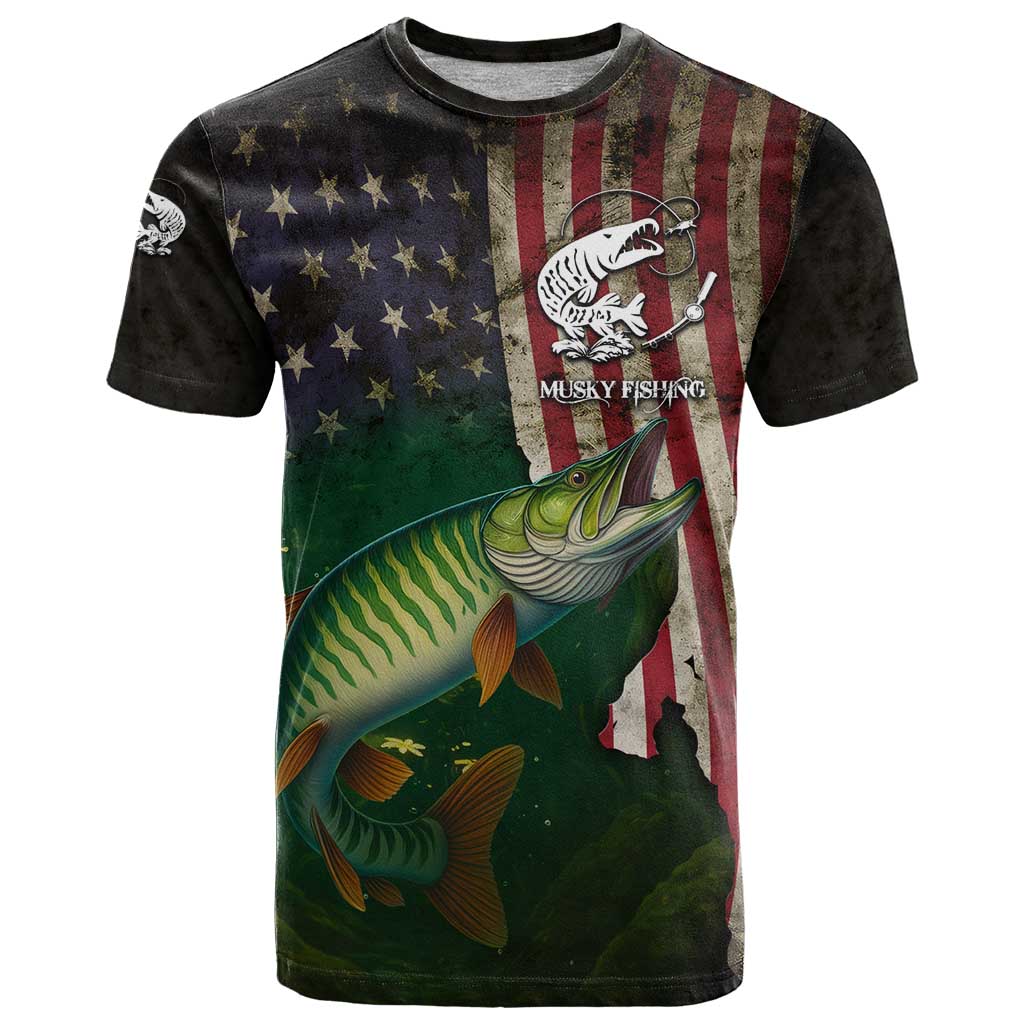 Musky Fishing Design T-Shirt with American Flag Background and Custom Name Print Graphic Tee
