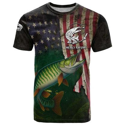Musky Fishing Design T-Shirt with American Flag Background and Custom Name Print Graphic Tee