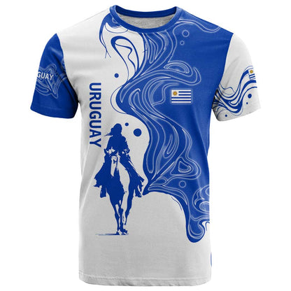 Uruguay T-Shirt with Gaucho Rider Illustration Blue White Swirl Graphic Tee