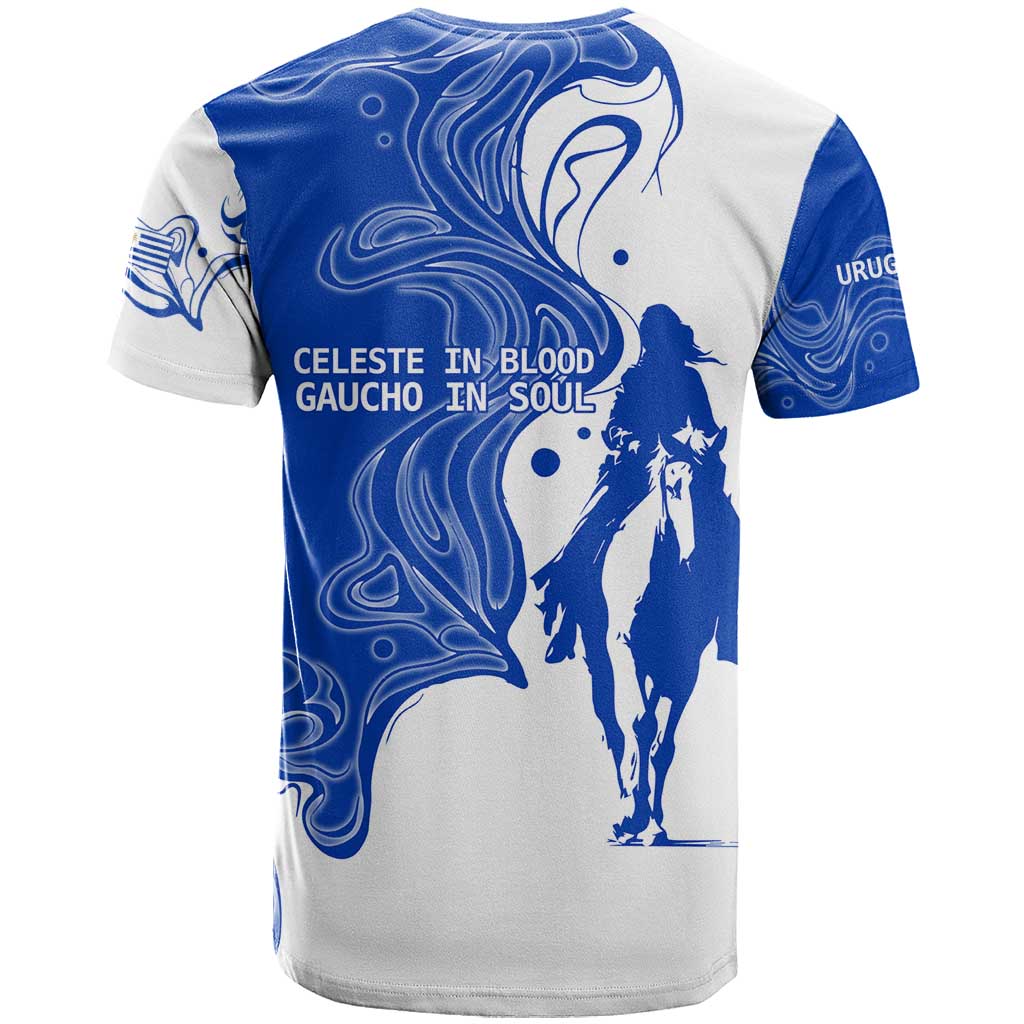 Uruguay T-Shirt with Gaucho Rider Illustration Blue White Swirl Graphic Tee