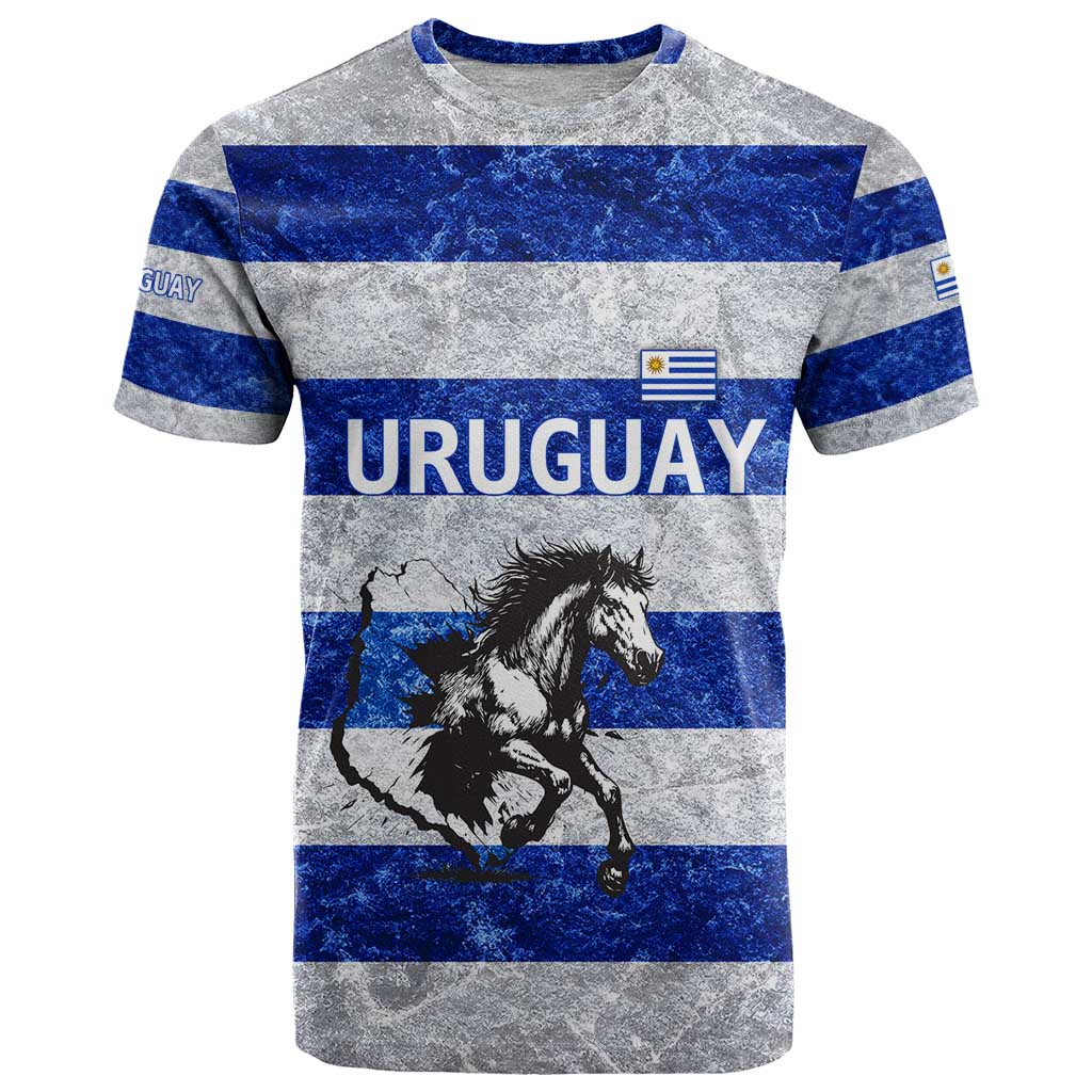 Uruguay T-Shirt with Wild Horse Illustration Blue Gray Striped Graphic Tee