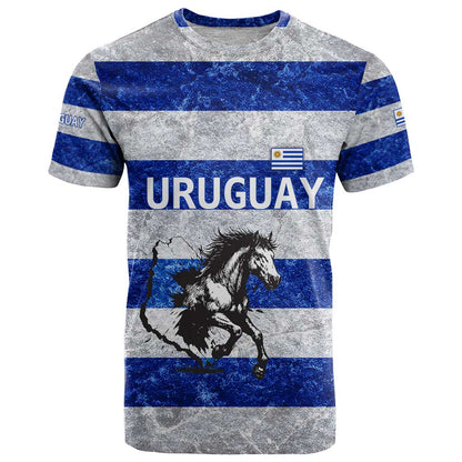 Uruguay T-Shirt with Wild Horse Illustration Blue Gray Striped Graphic Tee