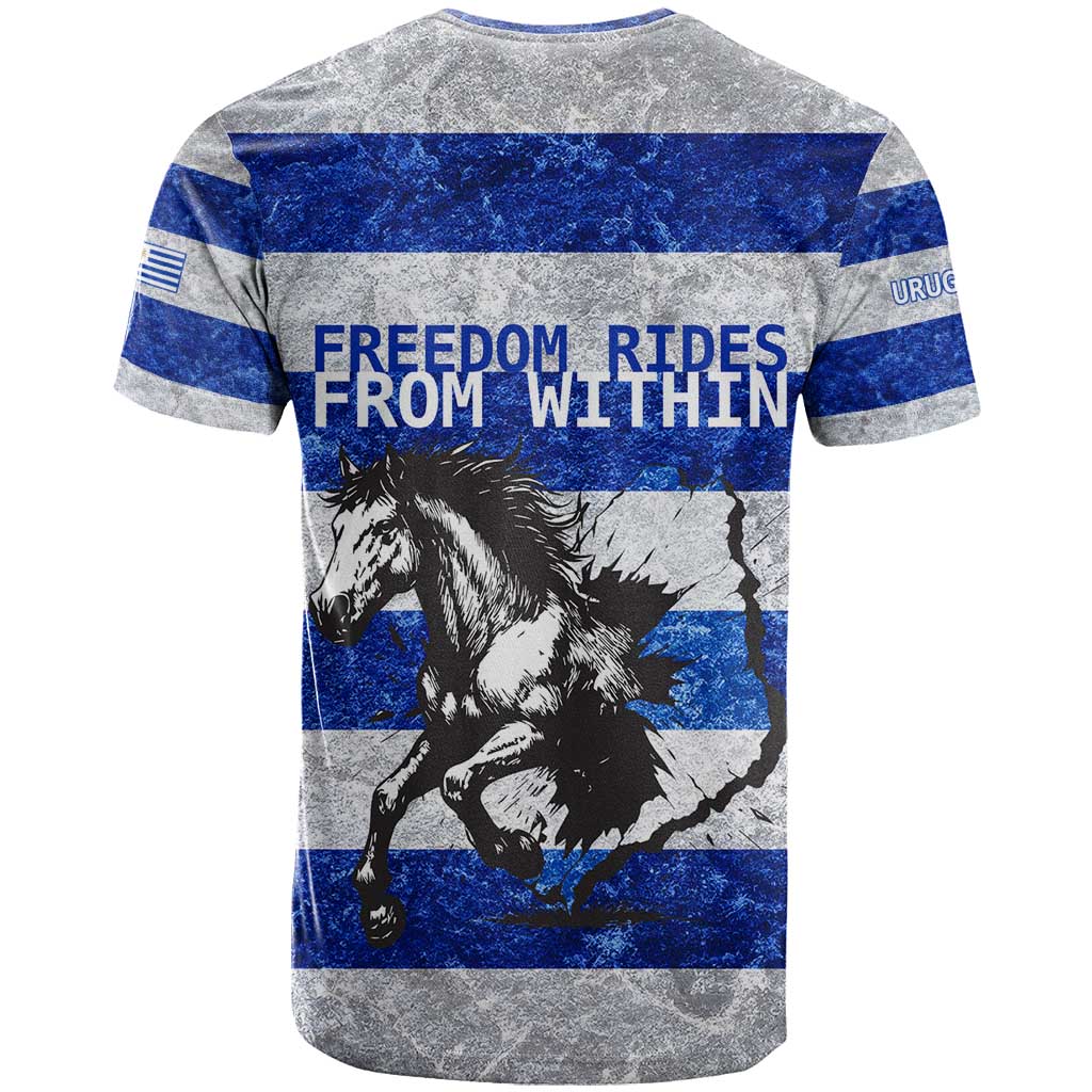 Uruguay T-Shirt with Wild Horse Illustration Blue Gray Striped Graphic Tee