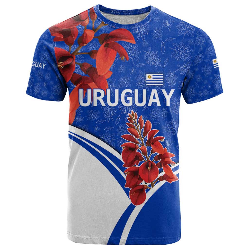 Uruguay T-Shirt with Erythrina Flower Illustration Blue White Nature Graphic Tee
