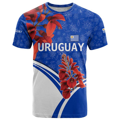 Uruguay T-Shirt with Erythrina Flower Illustration Blue White Nature Graphic Tee