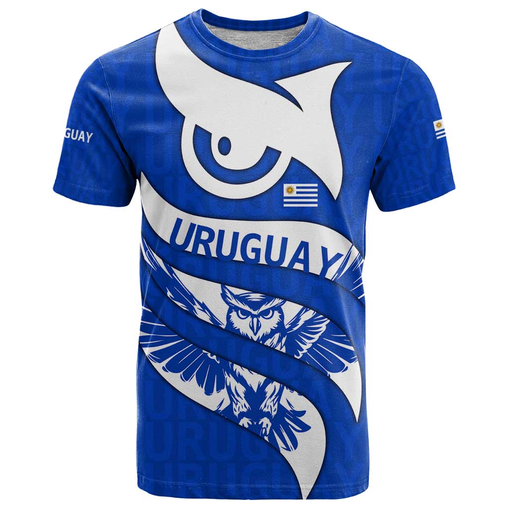 Uruguay T-Shirt with Owl Illustration Blue White Abstract Motion Design Graphic Tee