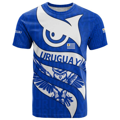 Uruguay T-Shirt with Owl Illustration Blue White Abstract Motion Design Graphic Tee