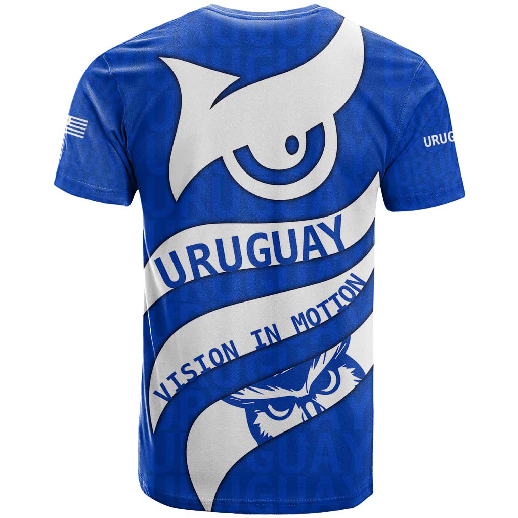 Uruguay T-Shirt with Owl Illustration Blue White Abstract Motion Design Graphic Tee