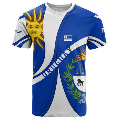 Uruguay T-Shirt with National Emblem and Sun Symbol Blue White Wave Graphic Tee