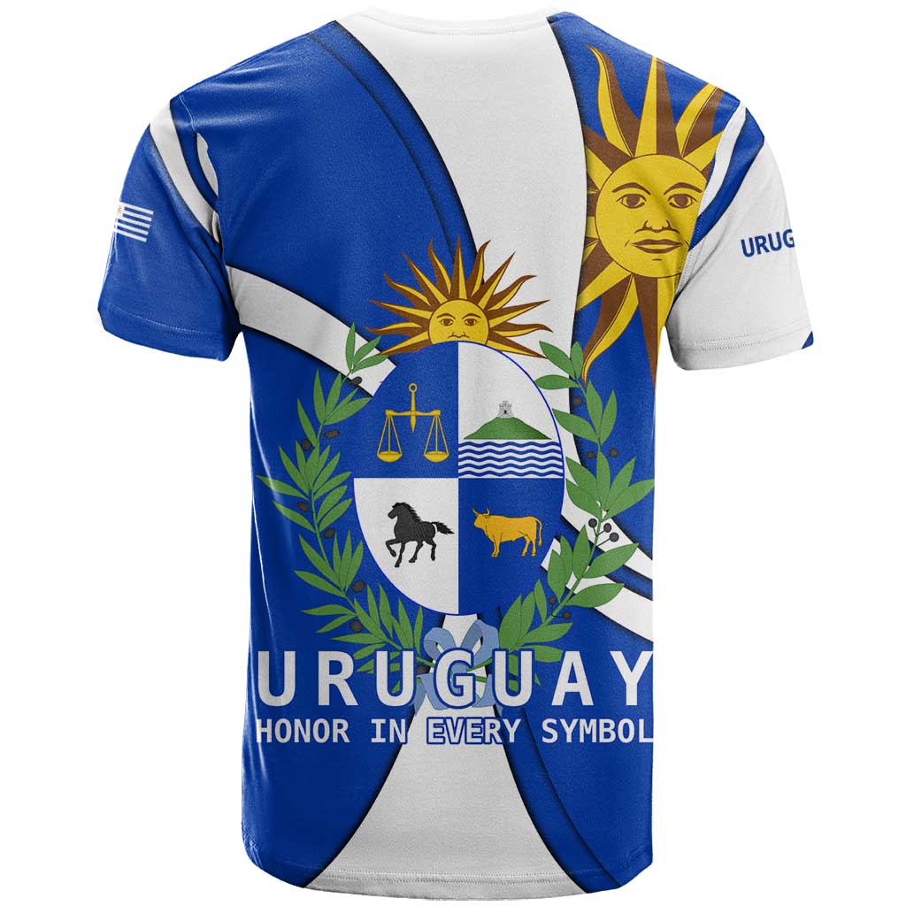 Uruguay T-Shirt with National Emblem and Sun Symbol Blue White Wave Graphic Tee