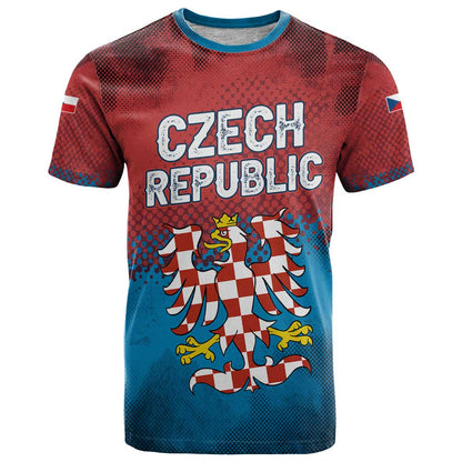 Czech Republic T-Shirt with Blue Red Gradient Design and National Coat of Arms Graphic Tee