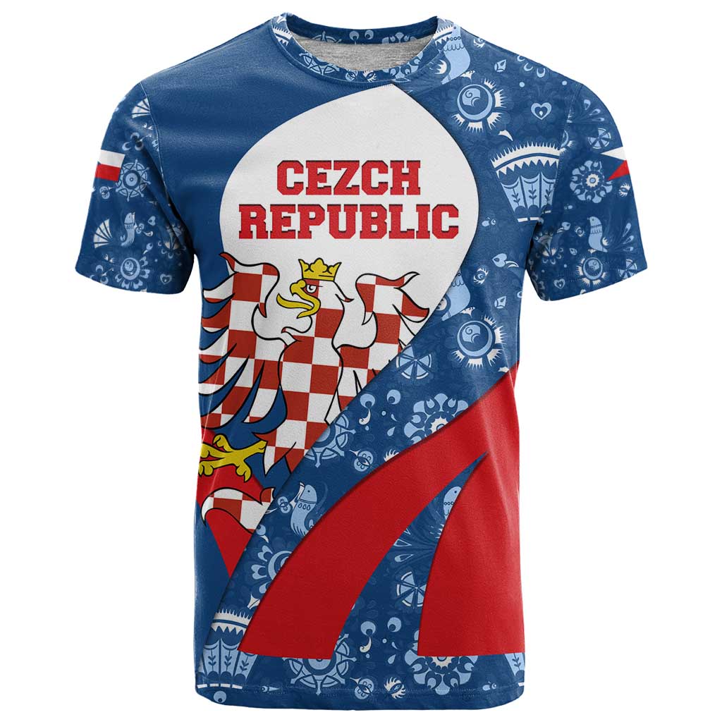 Czech Republic T-Shirt with Blue Red Folk Pattern Design and National Lion Emblem Graphic Tee