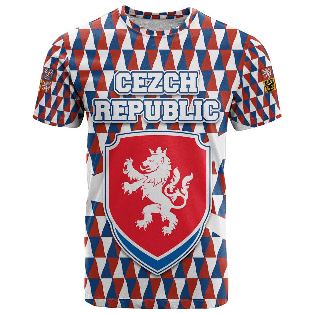 Czech Republic T-Shirt with Red Blue Geometric Design and National Lion Shield Graphic Tee