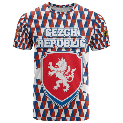 Czech Republic T-Shirt with Red Blue Geometric Design and National Lion Shield Graphic Tee