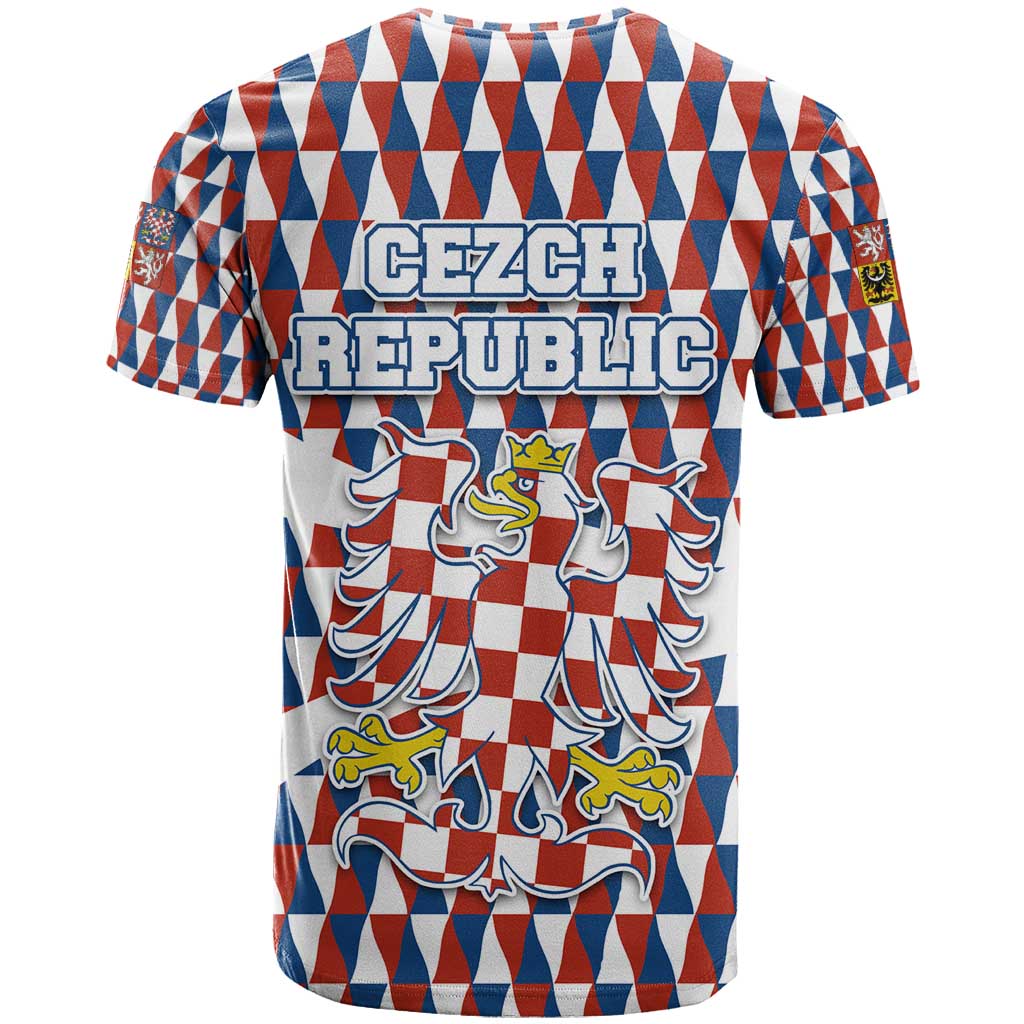 Czech Republic T-Shirt with Red Blue Geometric Design and National Lion Shield Graphic Tee