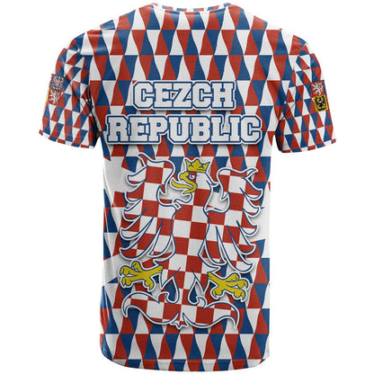Czech Republic T-Shirt with Red Blue Geometric Design and National Lion Shield Graphic Tee