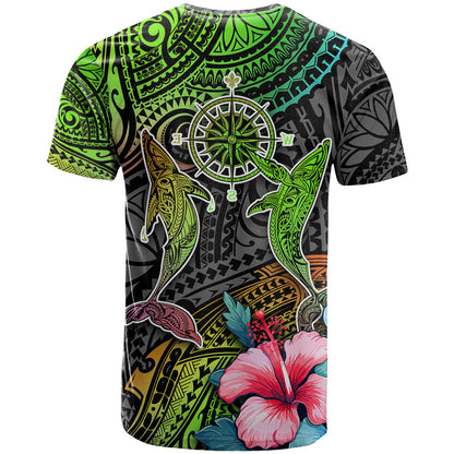 Polynesian T-Shirt Whales and Compass Gradient Pattern Graphic Tee