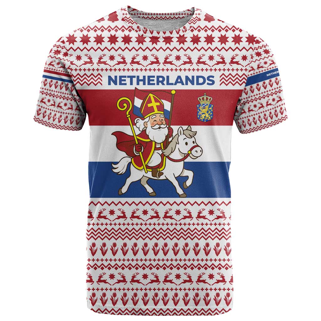 Netherlands Christmas T-Shirt with Sinterklaas Horse Dutch Flag and Festive Knit Pattern Graphic Tee