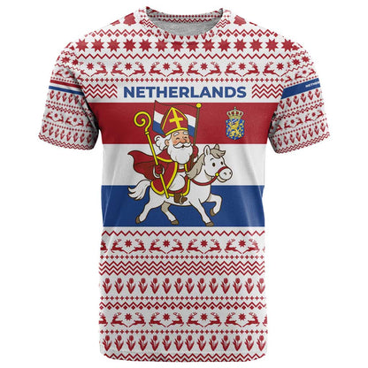 Netherlands Christmas T-Shirt with Sinterklaas Horse Dutch Flag and Festive Knit Pattern Graphic Tee