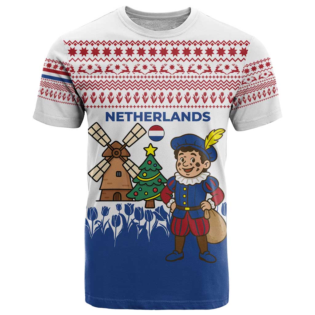 Netherlands Christmas T-Shirt with Christmas Tree Windmill Piet Character and Tulip Pattern Graphic Tee